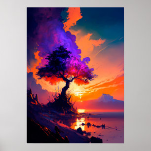 Affiche Ciel de coucher orange sur l'eau avec arbre pourpr