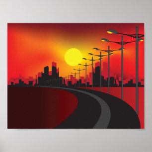 Affiche Ciel de la ligne d'horizon de la route au coucher