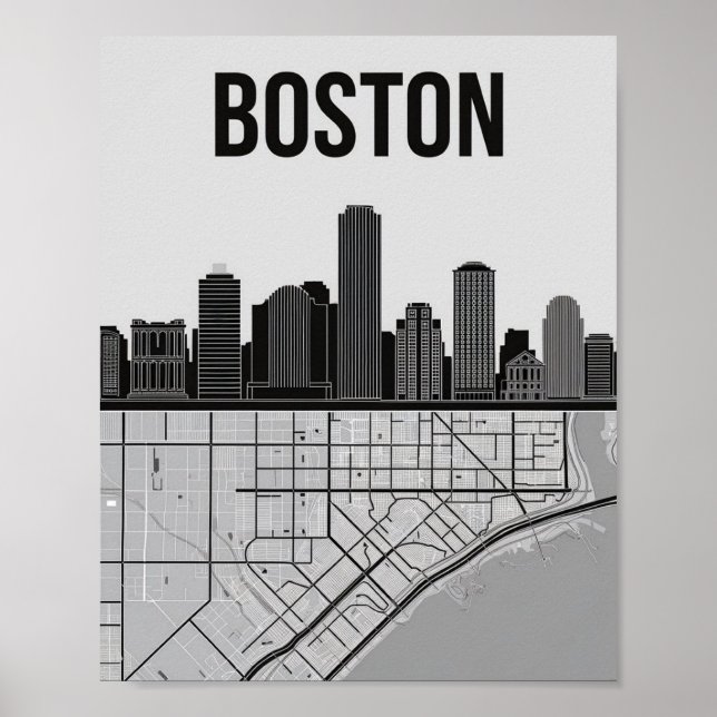 Affiche Ciel de la ville de Boston Massachusetts avec cart (Devant)