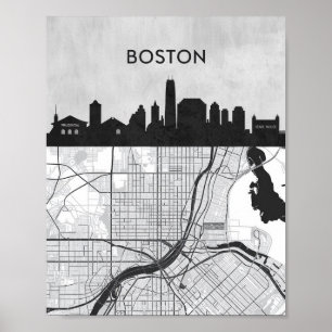 Affiche Ciel de la ville de Boston Massachusetts avec cart