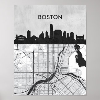 Affiche Ciel de la ville de Boston Massachusetts avec cart