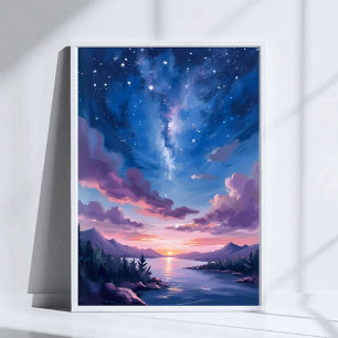 Affiche Ciel de Nuit   Aquarelle Violette du Lac Étoilé