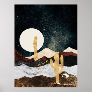 Affiche Ciel de nuit du désert Abstrait avec Cactus d'or