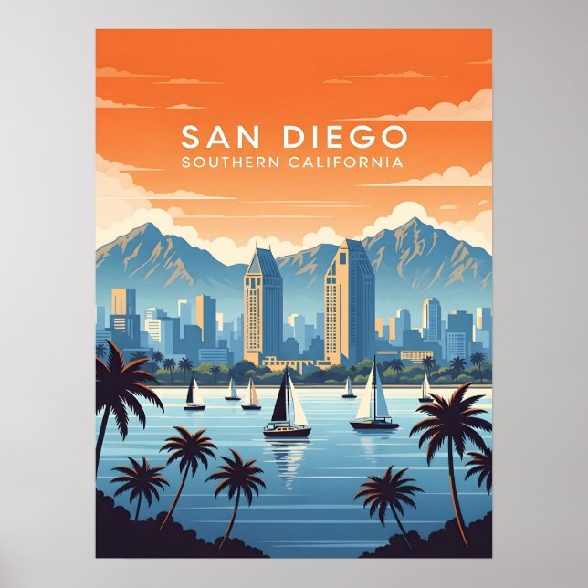 Affiche Ciel de San Diego vintage avec voiliers (Devant)