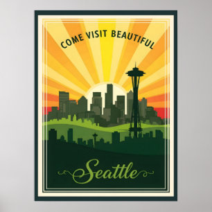 Affiche Ciel de Seattle rétro avec aiguille spatiale au co