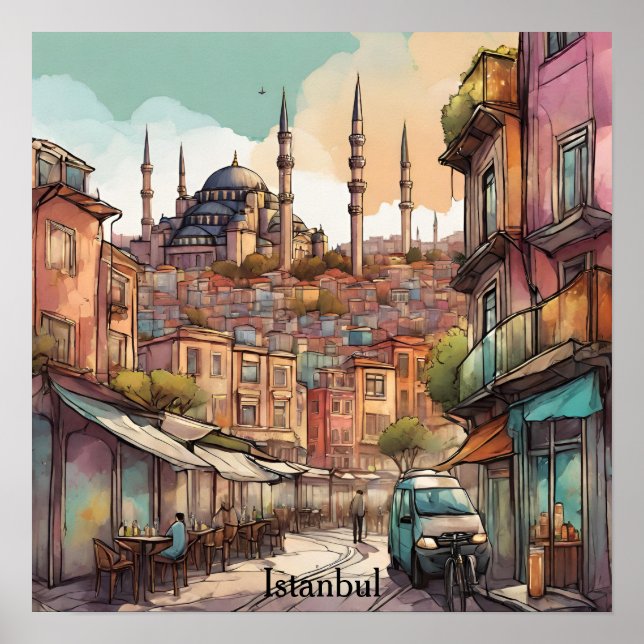 Affiche Ciel d'Istanbul aquarelle coloré (Devant)