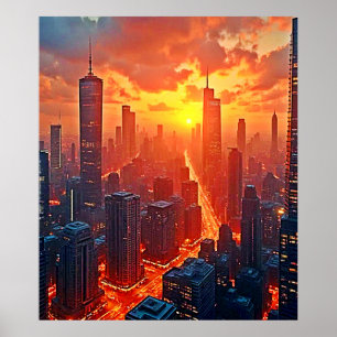 Affiche Ciel Doré : Coucher de Soleil sur la Ville, Art de