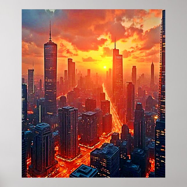 Affiche Ciel Doré : Coucher de Soleil sur la Ville, Art de (Devant)