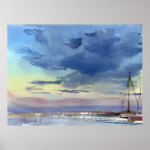 Affiche Ciel dramatique côtier et aquarelle de voiliers