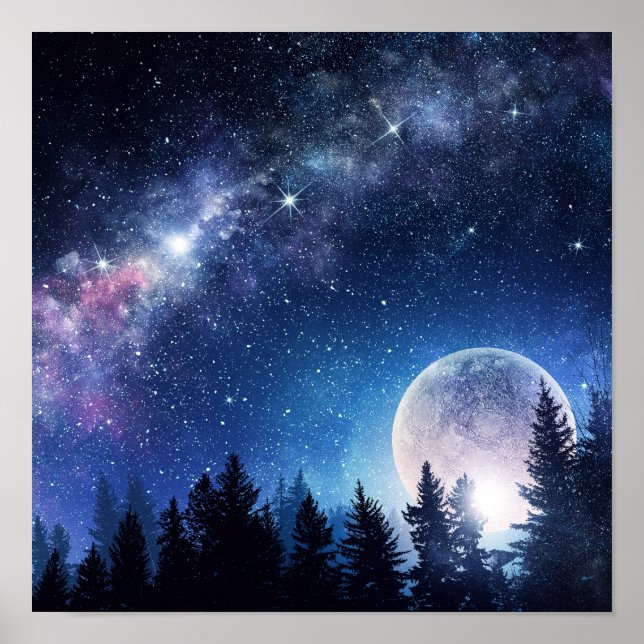 Affiche Ciel étoilé et Lune au-dessus d'une forêt (Devant)