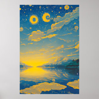 Affiche Ciel magique, Étoiles, Nuages, Lac, Peinture rétro