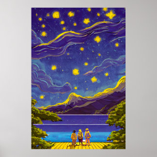 Affiche Ciel Nightscape, Étoiles, Peinture Lake Retro