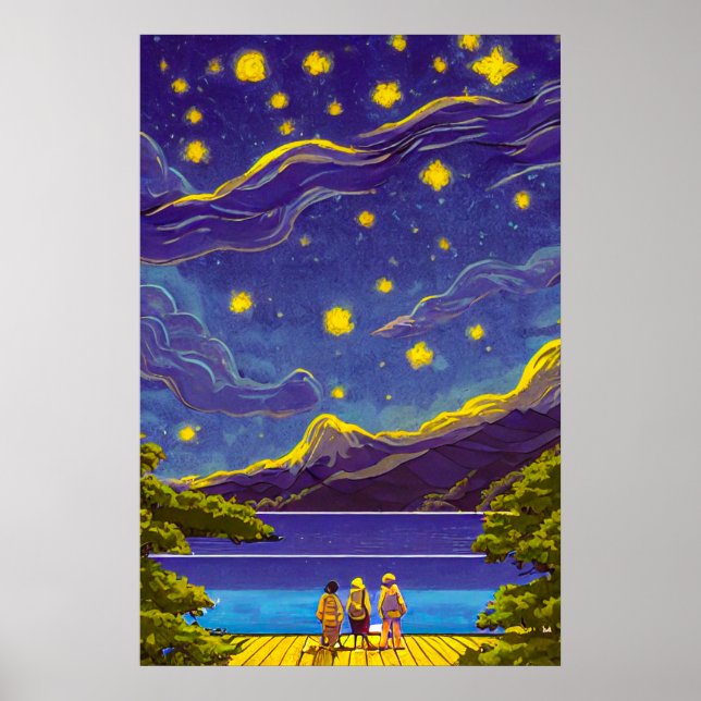 Affiche Ciel Nightscape, Étoiles, Peinture Lake Retro (Devant)