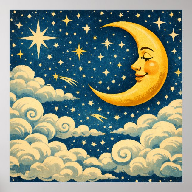 Affiche Ciel nocturne au croissant de lune vintage (Devant)