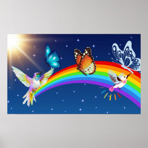 Affiche Ciel nocturne, deux oiseaux, des papillons et un a