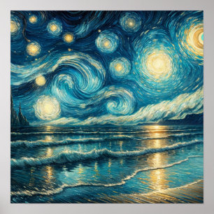 Affiche Ciel nocturne étoilé au-dessus de l'océan calme