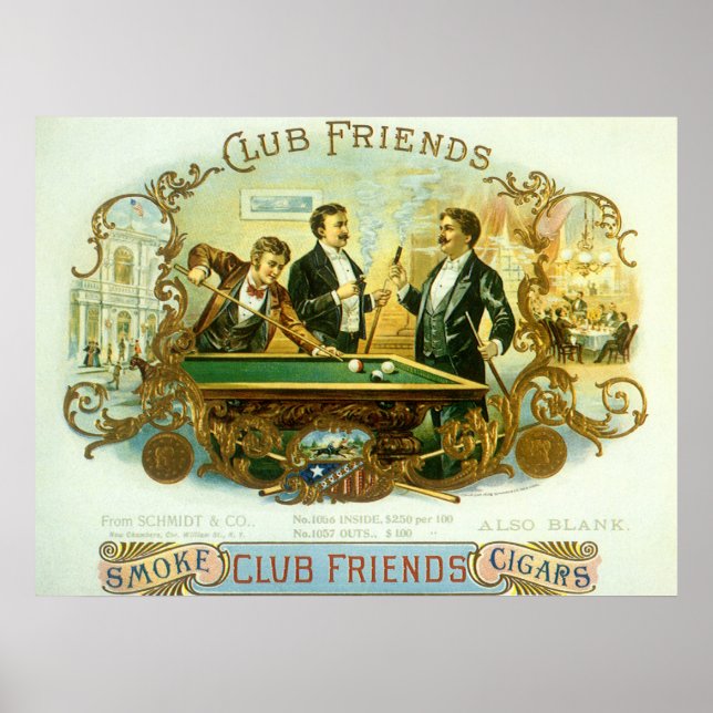 Affiche Cigar vintage Étiquette Art, Club Friends Billard (Devant)