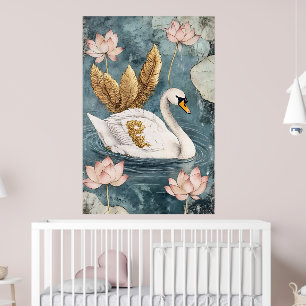 Affiche cigne blanc entouré de fleurs de lotus.