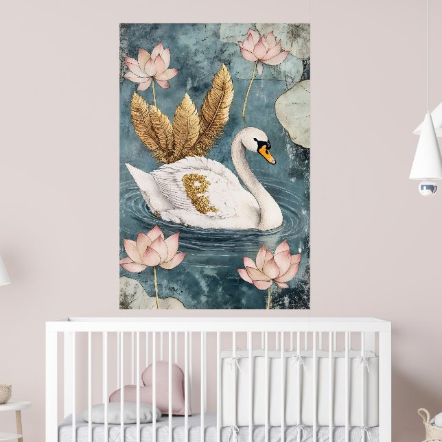 Affiche cigne blanc entouré de fleurs de lotus. (Pépinière 2)