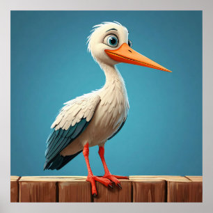 Affiche Cigogne de dessin animé aux yeux brillants sur une