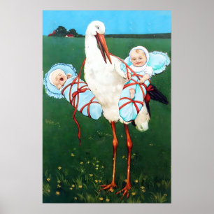 AFFICHE CIGOGNE JUMEAUX GARÇON BABY SHOWER MONOGRAMME,