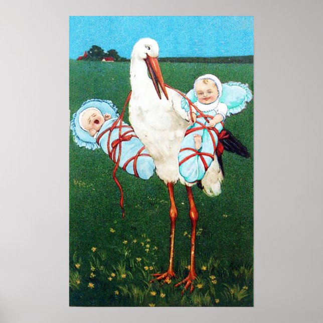 AFFICHE CIGOGNE JUMEAUX GARÇON BABY SHOWER MONOGRAMME, (Devant)