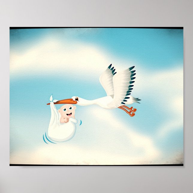 Affiche Cigogne portant un nouveau-né (Devant)