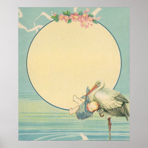 Affiche Cigogne vintage portant un bébé garçon dans une co