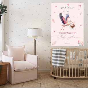 Affiche Cigognes et Papillons Rose Douce pour Baby Shower