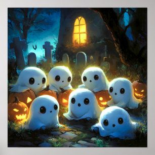 Affiche Cimetière de nuit éffrayante mignonne Fantôme d'Ha