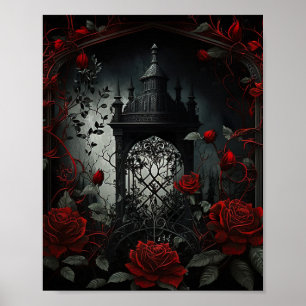 Affiche Cimetière gothique Jardin Rose avec Rouge et Noir