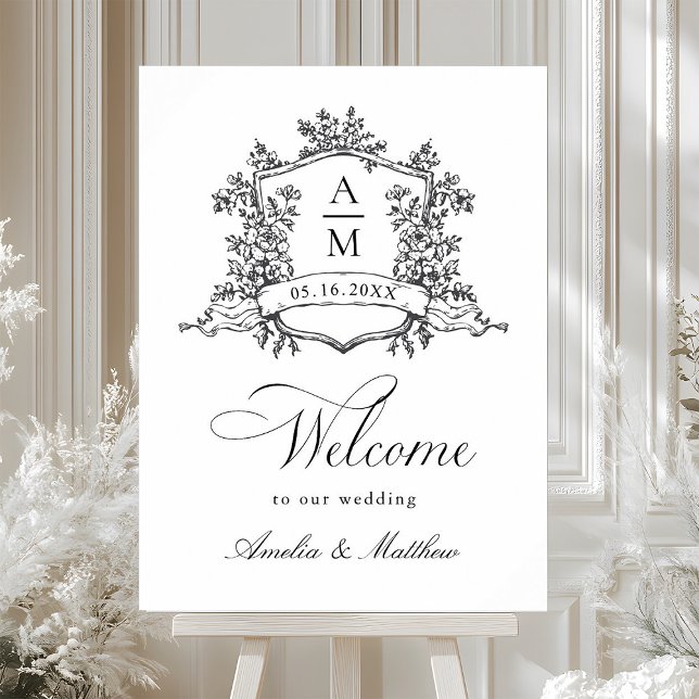 Affiche Cimier floral classique Noir & Blanc Mariage Bienv (Créateur téléchargé)