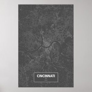 Affiche Cincinnati, Ohio (blanc sur noir)