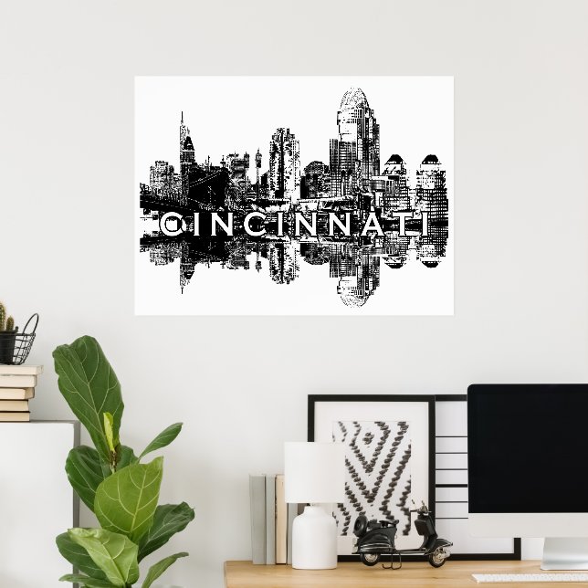 Affiche Cincinnati, Ohio en noir et blanc (Bureau à domicile)