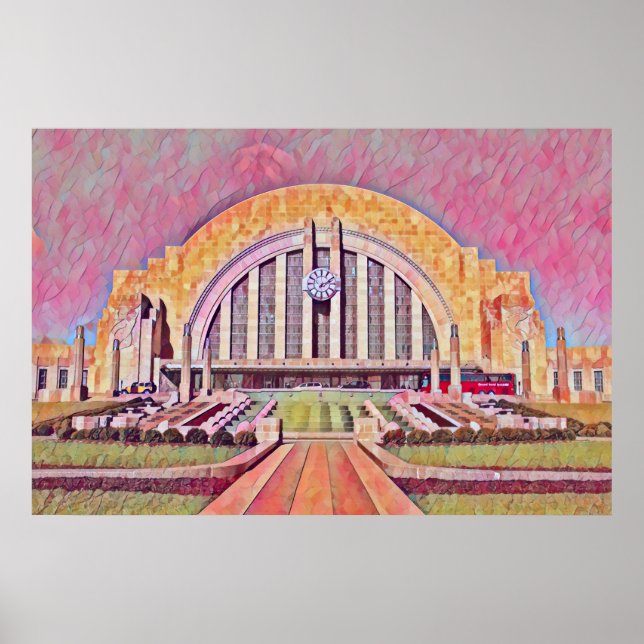 Affiche Cincinnati Union Terminal Aquarelle Peinture (Devant)