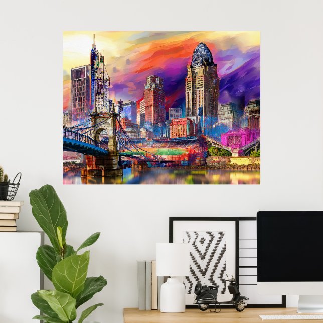 Affiche Cincinnati Vibrant Ohio Abstrait Skyline Art (Bureau à domicile)