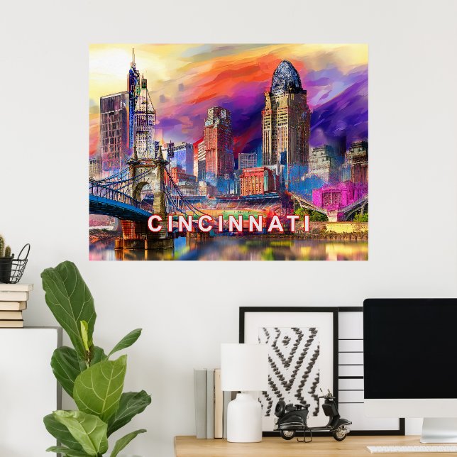 Affiche Cincinnati Vibrant Ohio Abstrait Skyline Art (Bureau à domicile)