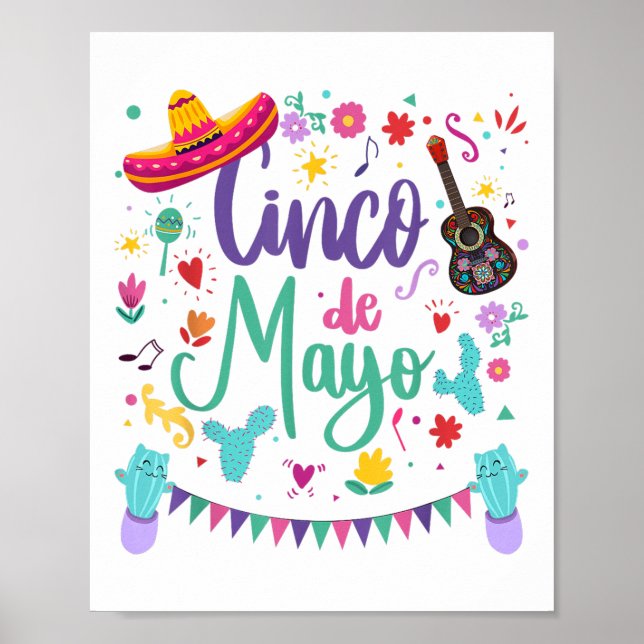 Affiche Cinco De Mayo Sombrero Guitare, Cactus Fiesta Pour (Devant)