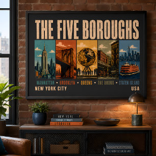 Affiche Cinq arrondissements New York City NYC Illustratio
