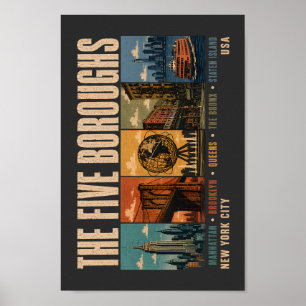 Affiche Cinq arrondissements New York City NYC Illustratio