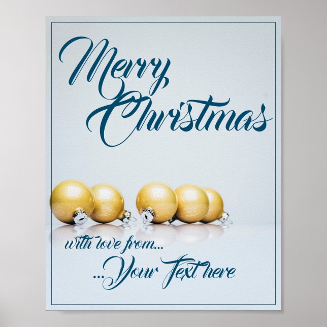 Affiche Cinq boules de Noël dorées - écriture bleue (Devant)