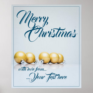 Affiche Cinq boules de Noël dorées - écriture bleue