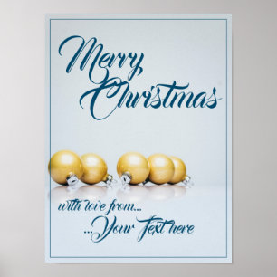 Affiche Cinq boules de Noël dorées - écriture bleue