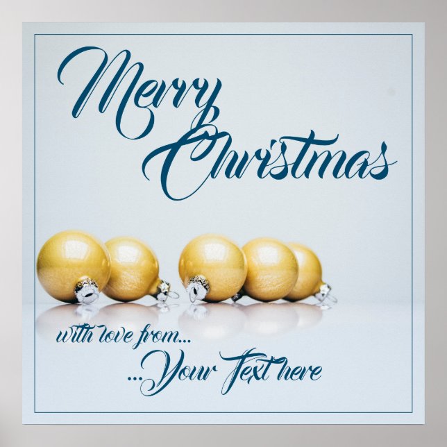 Affiche Cinq boules de Noël dorées - écriture bleue (Devant)