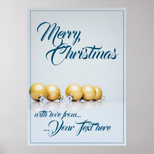 Affiche Cinq boules de Noël dorées - écriture bleue