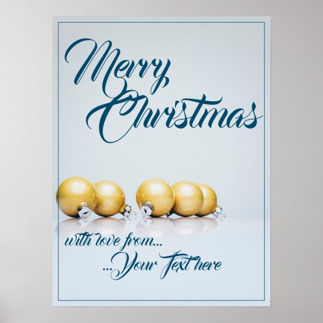 Affiche Cinq boules de Noël dorées - écriture bleue (Devant)