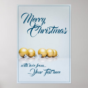 Affiche Cinq boules de Noël dorées - écriture bleue