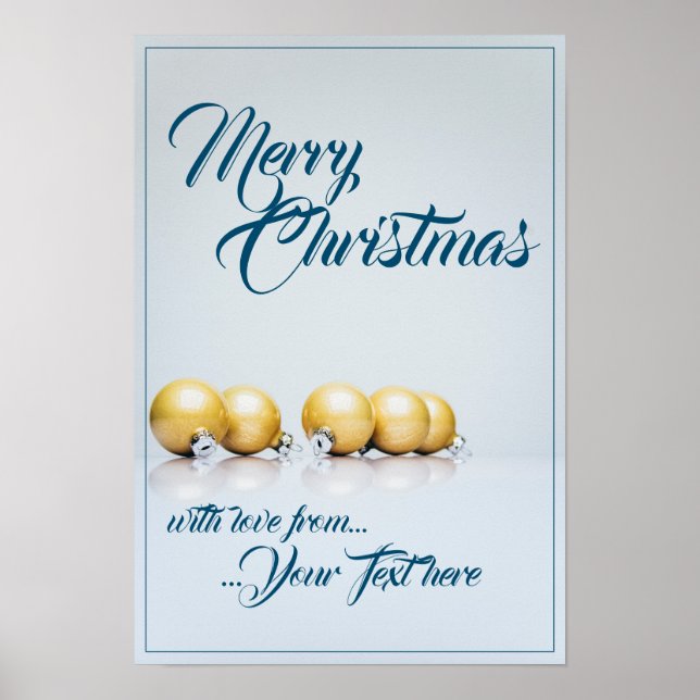 Affiche Cinq boules de Noël dorées - écriture bleue (Devant)