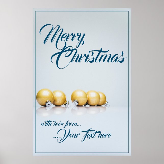 Affiche Cinq boules dorées de Noël - écriture bleue (Devant)