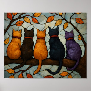 Affiche Cinq chats sur une branche d'arbre de style vitrai